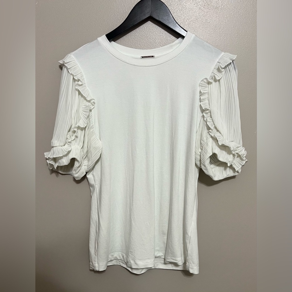 Elie Tahari Pleated Balloon short Sleeve Top Blouse Sky White Size Med